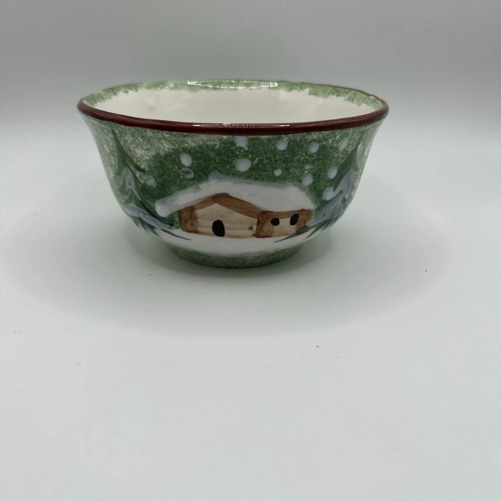 Vintage Macys Hand Painted CELLAR Christmas Log Cabin‎ Cereal BOWL Made in Italy
